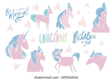 Unicorn hand drawn flat set. Quotes for your design