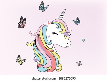 unicorn hand drawn vector art sticker butterfly pony