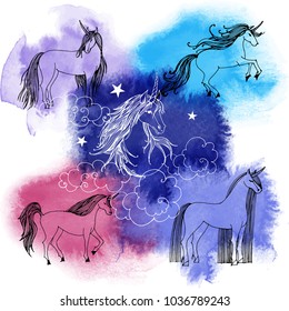 Unicorn. Hand drawn vector background. 