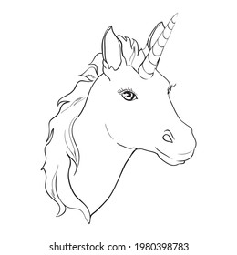 Unicorn, hand drawn vector linen illustration for logotype, coloring book, greeting card.