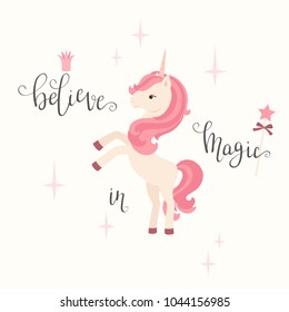 Unicorn and hand lettering "believe in magic". Vector illustration