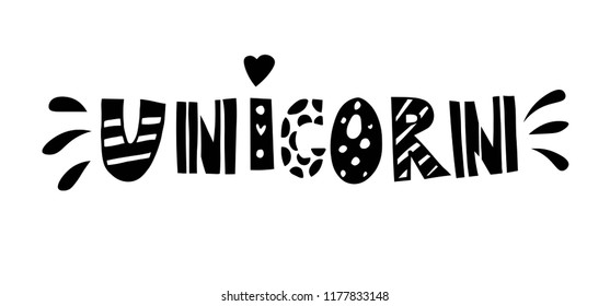 Unicorn hand lettering text for clothes. Vector illustration in doodle style. Typography.  Great for logotype, badge, icon, card, poster, birthday party, invitation template.