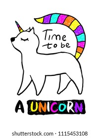 I am unicorn. Hand-drawn cute magical cat. Design for t-shirt and other print production. Stylish print. Vector illustration
