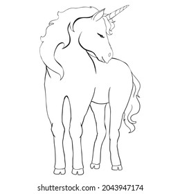 Unicorn, hand-drawn vector illustration of lines for a logo, coloring book, greeting card.