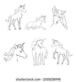 Unicorn, hand-drawn vector illustration of lines for a logo, coloring book, greeting card.