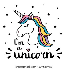 I'm a unicorn handwriting text drawing isolated on white