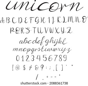 Unicorn, Hand-written letter design, vector hand has drawn alphabet. This font is a simple letter A-Z, a joyful and beautiful script font. white background, illustration.