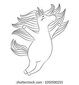 Unicorn happy cute animal little pony, cartoon character jumping and flying, line art. Nice lovely horse, drawing for girlish design, girl kids print, coloring book, birthday card, poster, etc.