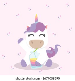 unicorn happy drinking smoothie through a straw
