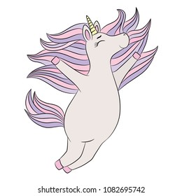 Unicorn happy emotion magic horse jumping, cute vector illustration of cheerful chubby pony cartoon character smile. For girlish design, little princess birthday decoration, clothing print, game.