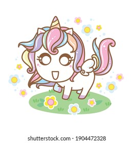 Unicorn Happy running in flowers Character cartoon, vector illustration