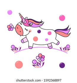 Unicorn happy runs with a sprig of berries in his mouth