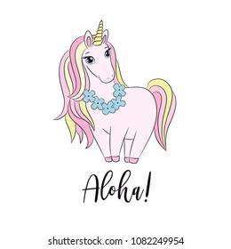 Unicorn Hawaiian party template, tropical flowers lei on neck, colorful vector illustration for kids birthday party invitation card, poster, tee shirt print. Little girl lovely pony horse with horn. 