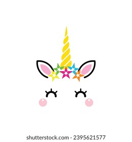 Unicorn head adorned with stars isolated on white background. Vector cartoon character illustration. Design for child card, t-shirt. girls, kid. 