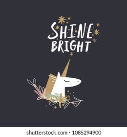 Unicorn head art, hand lettering, careless handwriting font. Baby print. Vector and jpg image. Clipart, isolated details.