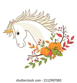 Unicorn head with autumn gifts.