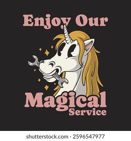 unicorn head biting wrench retro mascot