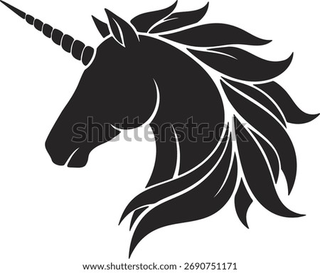 Unicorn head in black silhouette features a flowing mane and prominent horn against a white backdrop representing fantasy and magic in a simple yet elegant design suitable for logos or emblems.