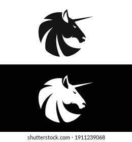 Unicorn Head Black  White Logo Design.