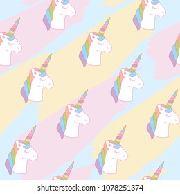 Unicorn head in bubble gum color pastel. A playful, modern, and flexible pattern for brand who has cute and fun style. Repeated pattern. Happy, bright, and magical mood.