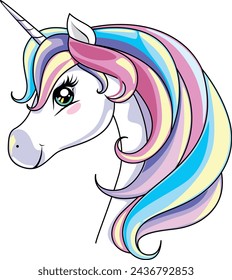 Unicorn head in cartoon style with rainbow hair.