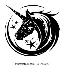 Unicorn head circle tattoo illustration with stars