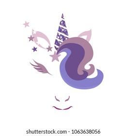 Unicorn head with closed eyes. Illustration with gentle shades of ultraviolet. A nice image of a fairy-tale character. Image for postcard, poster or web design