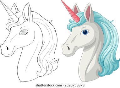 Unicorn head in color and outline versions