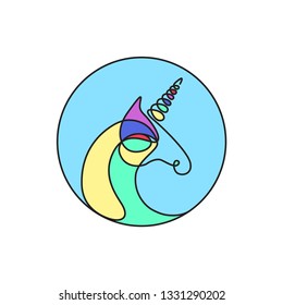 Unicorn head colorful silhouette line icon. Vector illustration, emblem, design element. Animal circle art. Bright colors