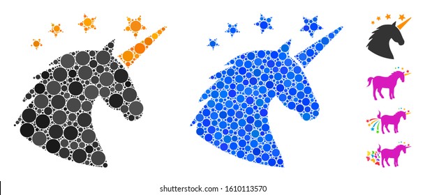 Unicorn head composition of filled circles in various sizes and shades, based on unicorn head icon. Vector small circles are combined into blue illustration.