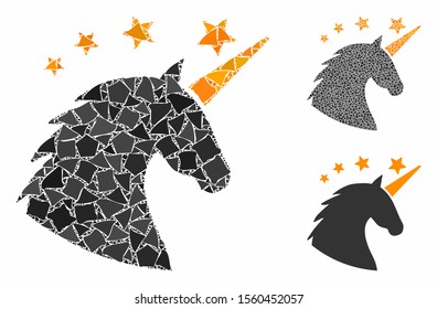 Unicorn head composition of irregular items in various sizes and color hues, based on unicorn head icon. Vector bumpy items are combined into composition.