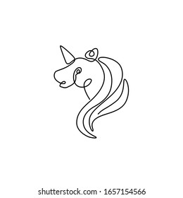 Dibujo continuo unicornio de cabeza, pequeño tatuaje, impresión para diseño de ropa y logo, emblema o logo, silueta de una sola línea sobre fondo blanco, ilustración vectorial aislada.