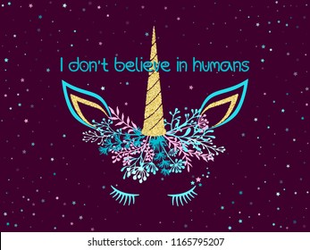 Unicorn head cool illustration with stars - card and t shirt print design. Funny unicorn print, trendy meme card. Colorful vector illustration with gold unicorn horn in trendy colors.