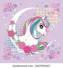 Unicorn head in crescent moon shape. Vector illustration on pink background.