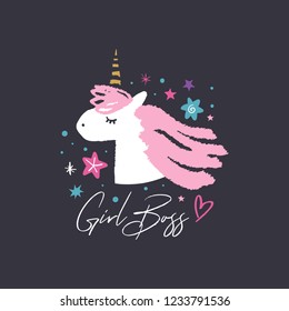 Unicorn head cute art, baby stylish illustration, nursery wallpaper. Girl boss text. Vector and jpg image, clipart.