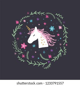 Unicorn head cute art, baby stylish illustration, nursery wallpaper. Vector and jpg image, clipart.