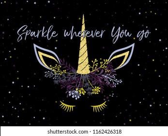 Unicorn head cute illustration with sparkles stars - card and t shirt print design. Funny unicorn print, trendy meme card. Colorful vector illustration with gold unicorn horn in trendy colors.