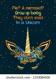 Unicorn head cute illustration with stars - card and t shirt print design. Funny unicorn print, trendy meme card. Colorful vector illustration with gold unicorn horn in trendy orange blue colors.