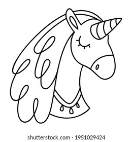 Unicorn head cute line art illustration isolated on white background. Baby shower decor black clipart. Vector