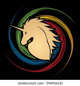 Unicorn Head designed on grunge spin wheel background graphic vector.