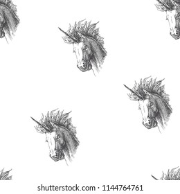 Unicorn head in engraving style. Vector vintage seamless pattern with magic animal isolated on white. Hand drawn texture. Fantasy background.