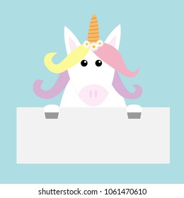 Unicorn head face hanging on paper board template. Pastel color rainbow hair. Flat lay design. Cute cartoon kawaii baby character. Funny horse. Happy Valentines Day. Love card. Blue background. Vector