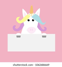 Unicorn head face hanging on paper board template. Pastel color rainbow hair. Flat lay design. Cute cartoon kawaii baby character. Funny horse. Happy Valentines Day. Love card. Pink background. Vector