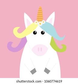 Unicorn head face. Pastel color rainbow hair, white daisy chamomile flower set. Flat lay design. Cute cartoon kawaii baby character. Funny horse. Happy Valentines Day. Love card Pink background Vector
