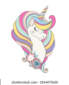Unicorn head with flower. Beautiful portrait of a magic horse for design, postcard, invitation, children s party. Colorfull color vector illustration isolated on white background