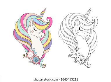 Unicorn head with flower. Beautiful portrait of a magic horse for design, postcard, invitation, children s party. Colorfull color vector illustration isolated on white background