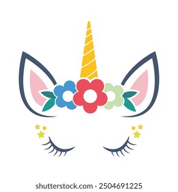 unicorn head flower crown vector logo design isolated background 
