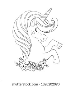 Unicorn head with flowers. Beautiful portrait of a magic horse. Drawing coloring book for a girl, linear sketch for design. Vector doodle illustration isolated on white background