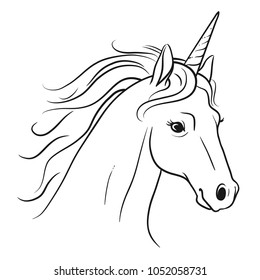 Unicorn head with flowing mane hand drawn black and white pen and ink style line drawing illustration. Fantasy mythical creature, fairy tales, dreams, hope. believe in yourself concept.