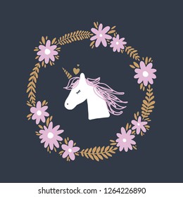 Unicorn head funny art, baby stylish illustration, unique print for posters, cards, mugs, clothes and other. Vector and jpg image, clipart, editable isolated details.